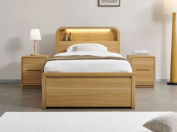 Byron Bed Frame with Gas Lift 2 Drawer Base – King Single / Natural